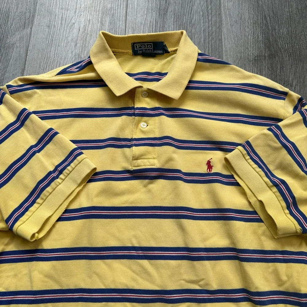 VTG Y2K Polo Ralph Lauren Yellow Blue Striped Polo Shirt Pony Logo Size L